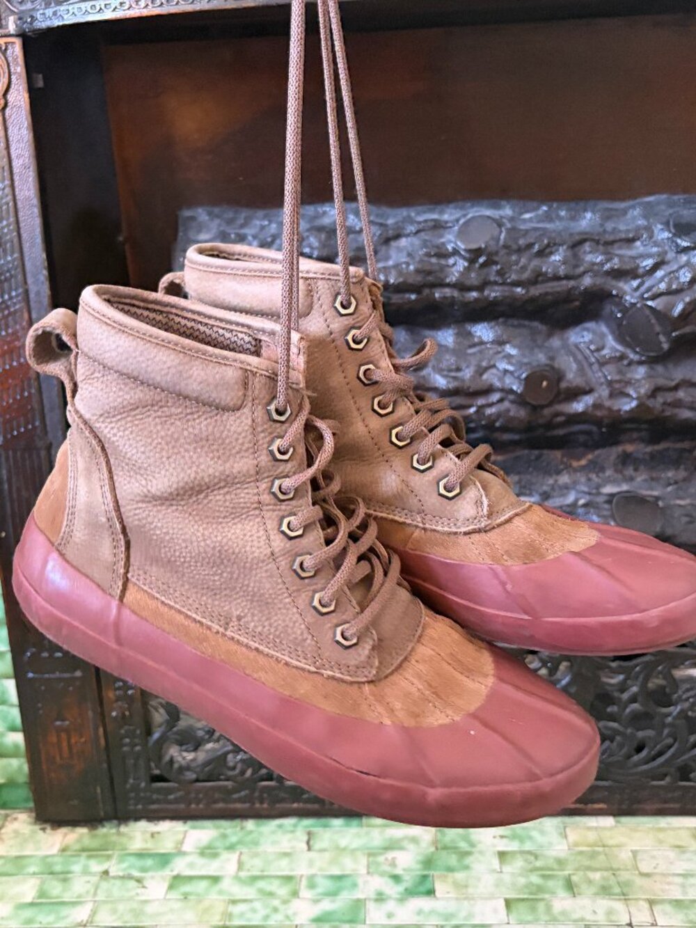 L.L.Bean Duck Boots Size 9 | Tan/Brown Leather & Burgundy Red Rubber | Heritage